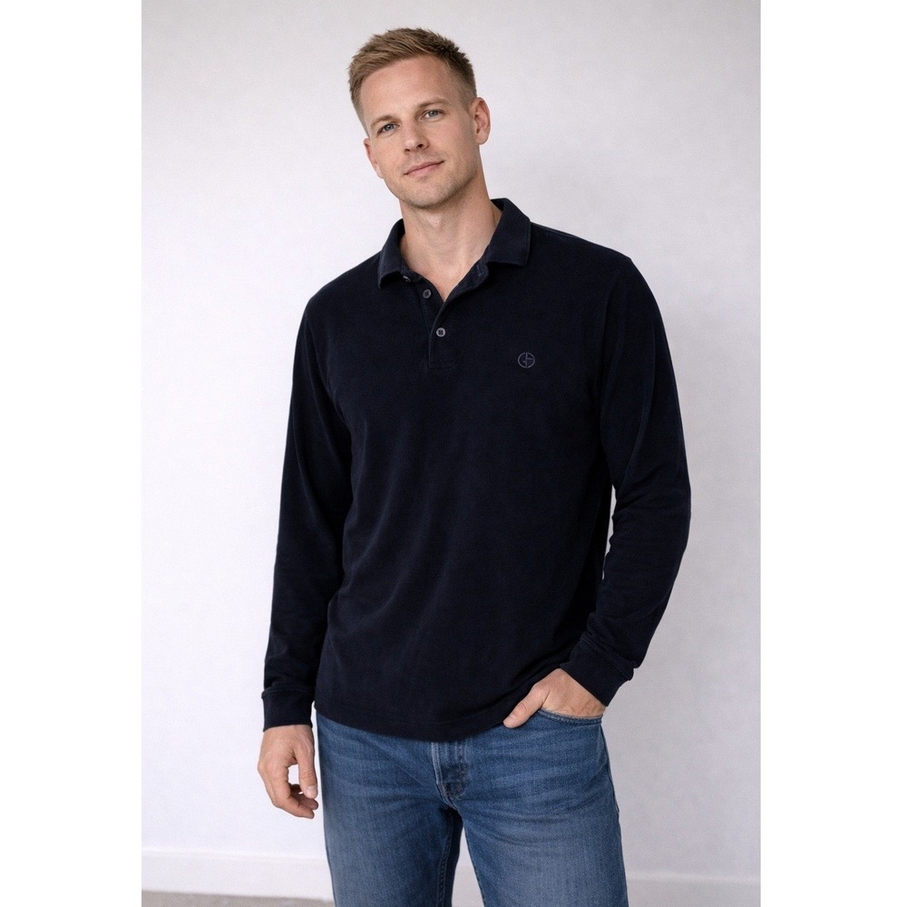 Giorgio Armani Mens‎ Navy Blue Terry Cloth Long Sleeve Polo Shirt Sweater 50 M